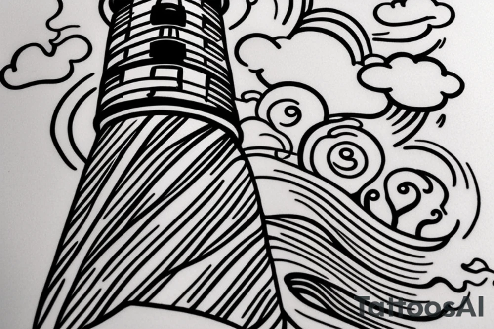 A Lighthouse in the clouds with an anchor by the front door. tattoo idea