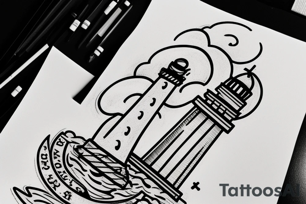 A Lighthouse in the clouds with an anchor by the front door. tattoo idea