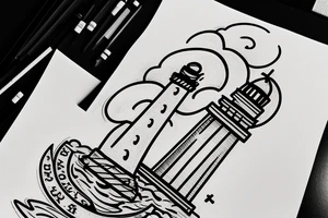 A Lighthouse in the clouds with an anchor by the front door. tattoo idea