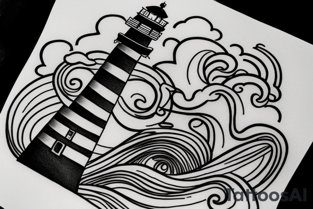 A Lighthouse in the clouds with an anchor by the front door. tattoo idea