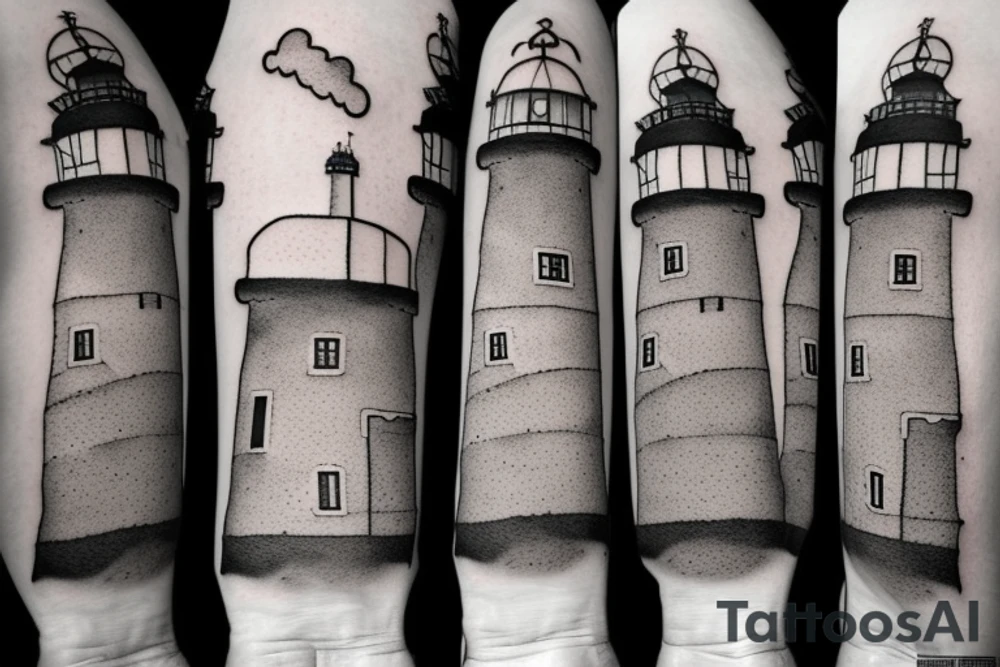 A Lighthouse in the clouds with an anchor by the front door. tattoo idea
