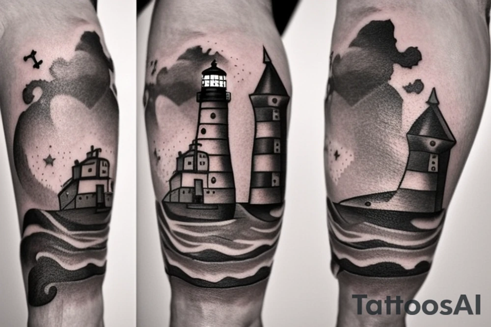 A Lighthouse in the clouds with an anchor by the front door. tattoo idea