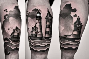 A Lighthouse in the clouds with an anchor by the front door. tattoo idea