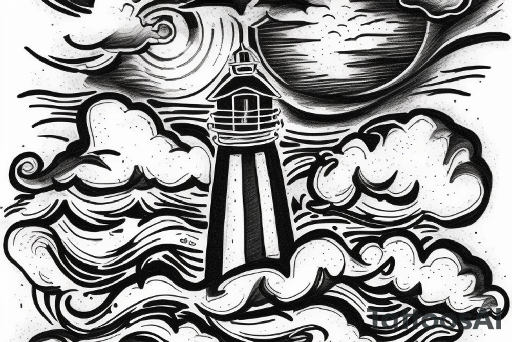 A Lighthouse in the clouds with an anchor by the front door. tattoo idea