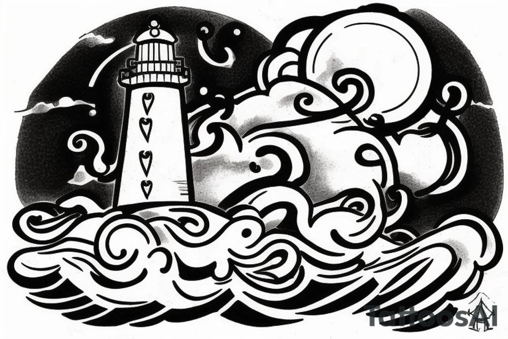 A Lighthouse in the clouds with an anchor by the front door. tattoo idea