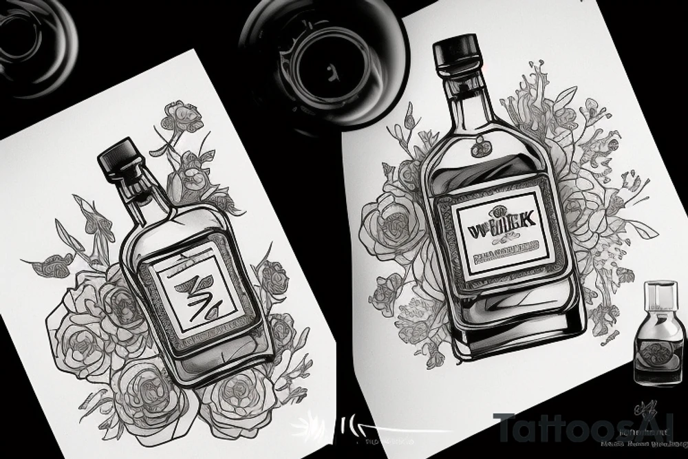 A sketched bottle of whiskey wrapped in various flowers tattoo idea