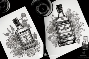 A sketched bottle of whiskey wrapped in various flowers tattoo idea