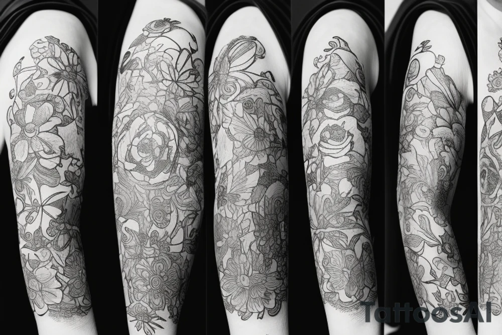A sketched bottle of whiskey wrapped in various flowers tattoo idea
