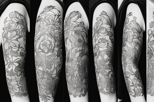 A sketched bottle of whiskey wrapped in various flowers tattoo idea