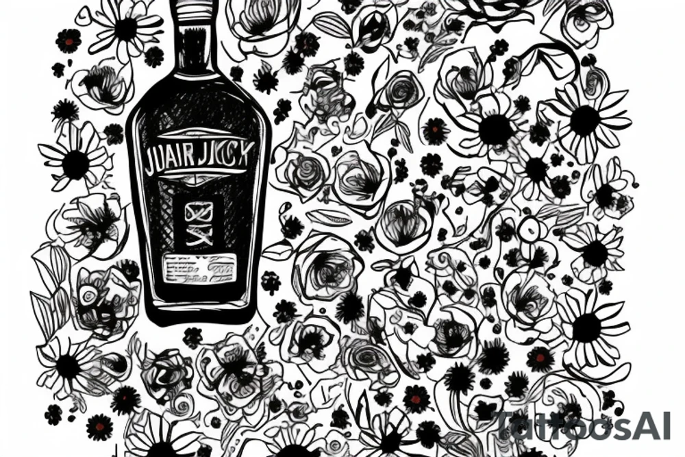 A sketched bottle of whiskey wrapped in various flowers tattoo idea