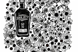 A sketched bottle of whiskey wrapped in various flowers tattoo idea