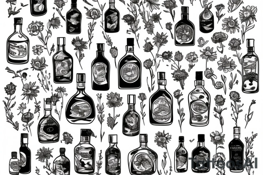 A sketched bottle of whiskey wrapped in various flowers tattoo idea
