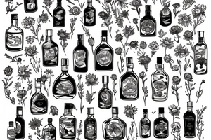 A sketched bottle of whiskey wrapped in various flowers tattoo idea