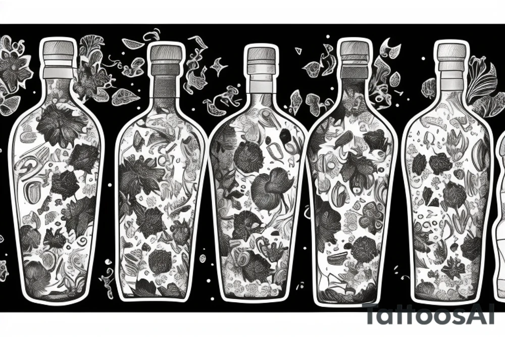 A sketched bottle of whiskey wrapped in various flowers tattoo idea