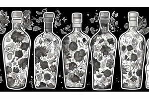 A sketched bottle of whiskey wrapped in various flowers tattoo idea