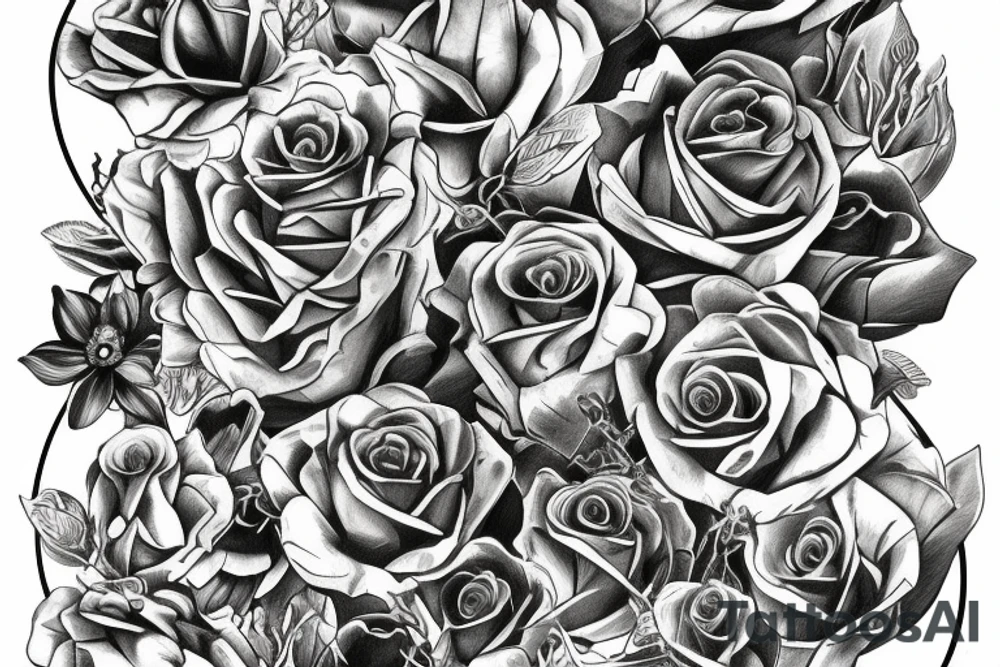 A sketched bottle of whiskey wrapped in various flowers tattoo idea