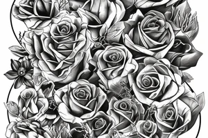 A sketched bottle of whiskey wrapped in various flowers tattoo idea