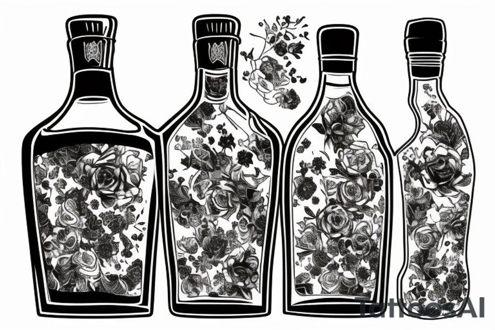 A sketched bottle of whiskey wrapped in various flowers tattoo idea