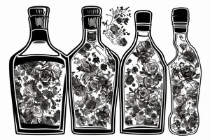 A sketched bottle of whiskey wrapped in various flowers tattoo idea