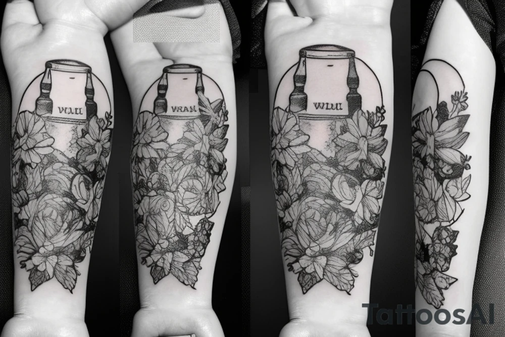 A sketched bottle of whiskey wrapped in various flowers tattoo idea