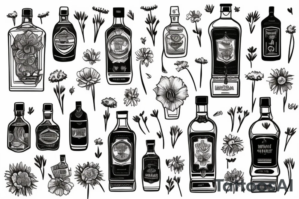 A sketched bottle of whiskey wrapped in various flowers tattoo idea
