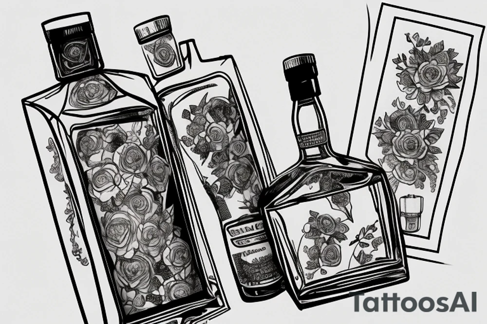 A sketched bottle of whiskey wrapped in various flowers tattoo idea