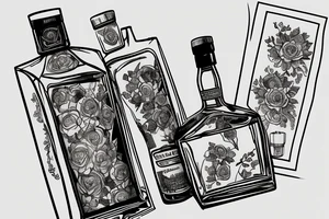 A sketched bottle of whiskey wrapped in various flowers tattoo idea