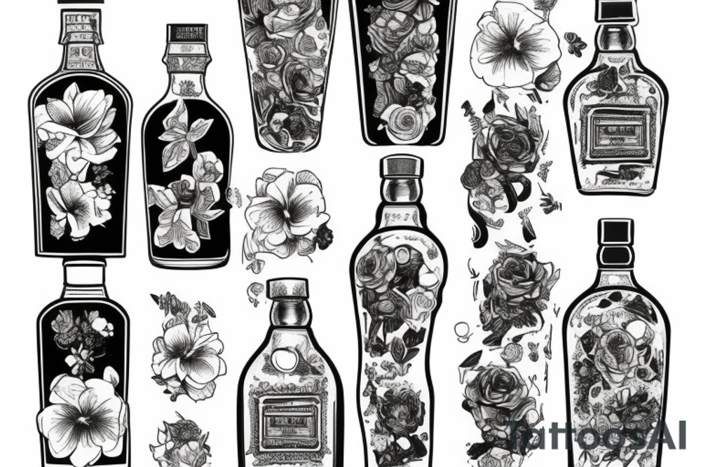 A bottle of whiskey wrapped in various flowers tattoo idea