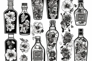 A bottle of whiskey wrapped in various flowers tattoo idea
