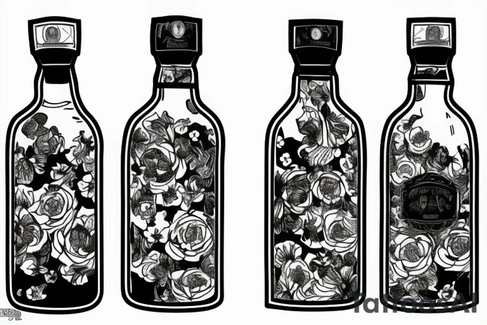A bottle of whiskey wrapped in various flowers tattoo idea A bottle of whiskey wrapped in various flowers tattoo idea