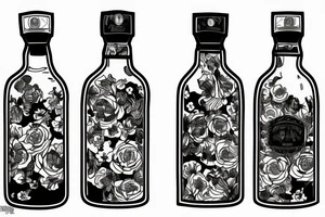 A bottle of whiskey wrapped in various flowers tattoo idea
