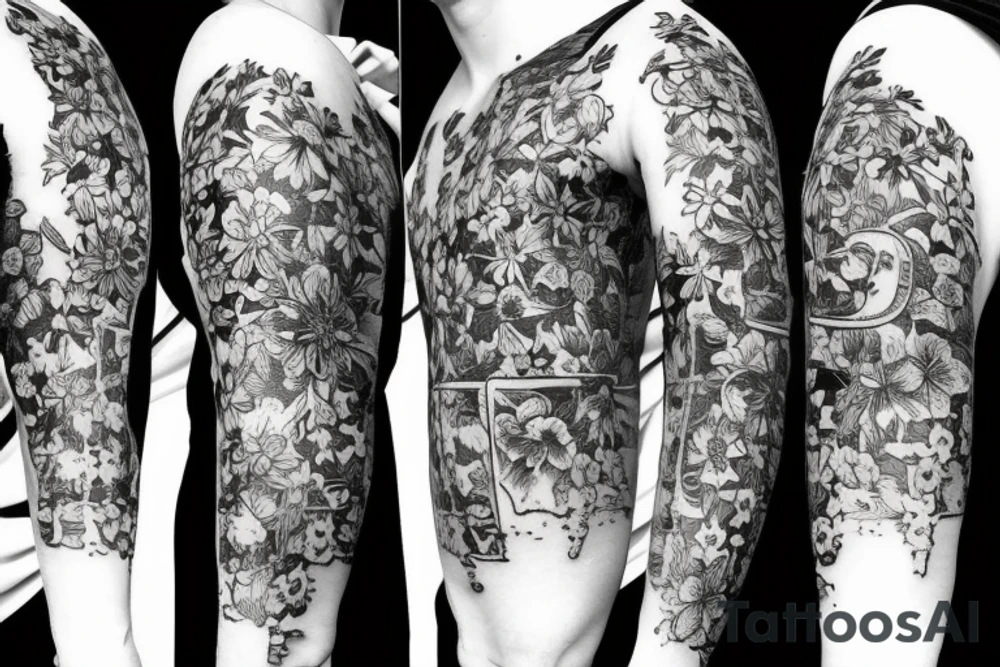 A bottle of whiskey wrapped in various flowers tattoo idea A bottle of whiskey wrapped in various flowers tattoo idea