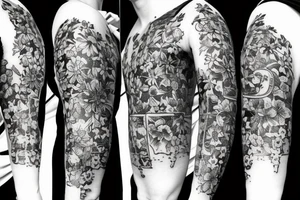 A bottle of whiskey wrapped in various flowers tattoo idea