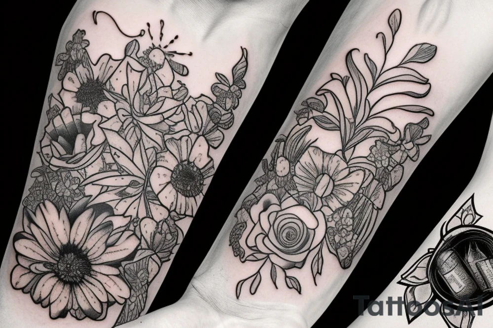 A bottle of whiskey wrapped in various flowers tattoo idea