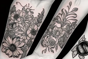 A bottle of whiskey wrapped in various flowers tattoo idea