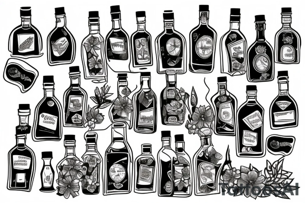 A bottle of whiskey wrapped in various flowers tattoo idea