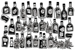 A bottle of whiskey wrapped in various flowers tattoo idea