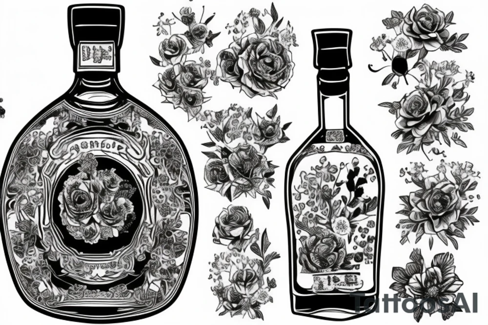 A bottle of whiskey wrapped in various flowers tattoo idea