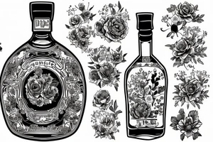 A bottle of whiskey wrapped in various flowers tattoo idea