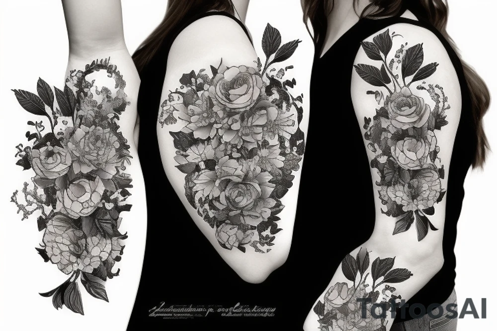 A bottle of whiskey wrapped in various flowers tattoo idea