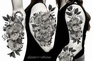 A bottle of whiskey wrapped in various flowers tattoo idea