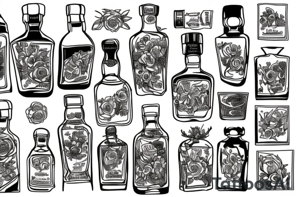 A bottle of whiskey wrapped in various flowers tattoo idea