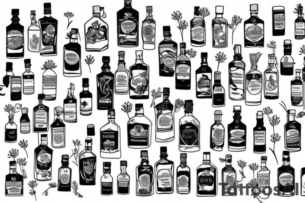 A bottle of whiskey wrapped in various flowers tattoo idea
