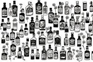A bottle of whiskey wrapped in various flowers tattoo idea