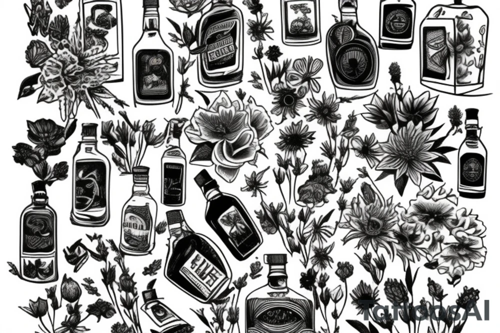 A bottle of whiskey wrapped in various flowers tattoo idea