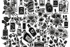 A bottle of whiskey wrapped in various flowers tattoo idea