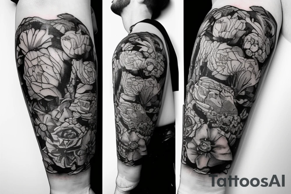 A bottle of whiskey wrapped in various flowers tattoo idea