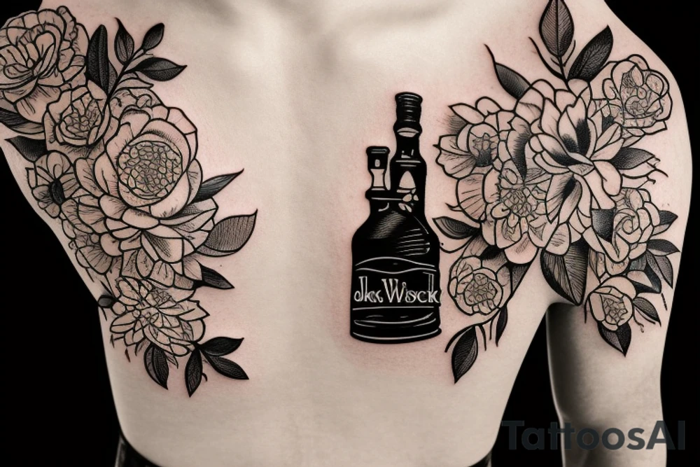 A bottle of whiskey wrapped in various flowers tattoo idea