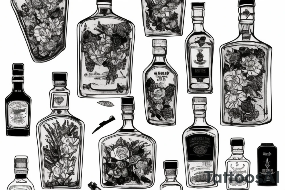 A bottle of whiskey wrapped in various flowers tattoo idea