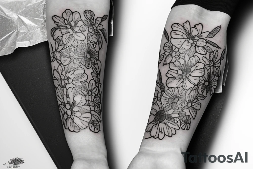 A bottle of whiskey wrapped in various flowers tattoo idea